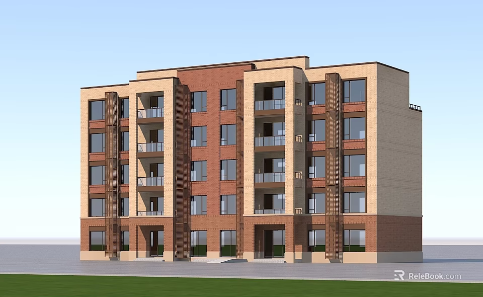 Modern Multi Story Residential Building With Red Brick And Beige Exterior Balconies And Large Windows 3d model 