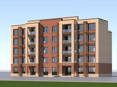 Modern Multi Story Residential Building With Red Brick And Beige Exterior Balconies And Large Windows 3d model
