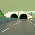 Road Infrastructure With Tunnel Green Forest Street Lamps Guardrails And Vehicles