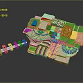 Cartoon Scene Featuring Colorful Buildings Green Lawns Circular Structures And Grid Floors