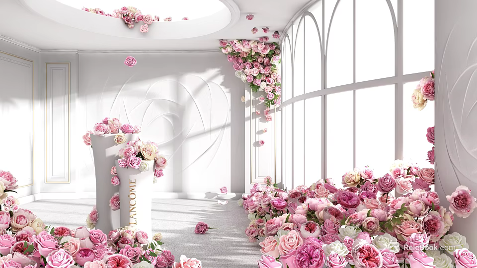 Elegant Live Stream Room With Pink Flower Wall And White Window Decor 3d model 