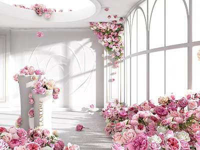 Elegant Live Stream Room With Pink Flower Wall And White Window Decor 3d model