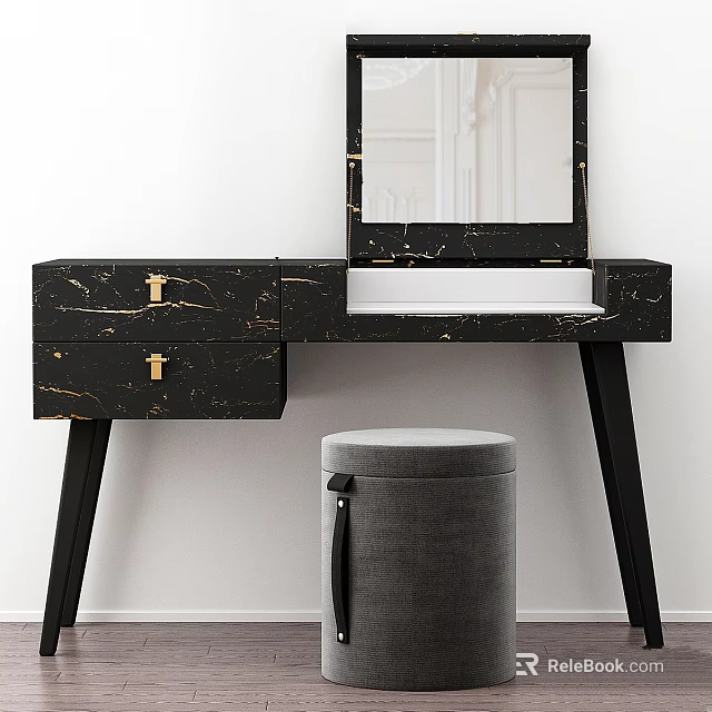 Modern Black Dressing Table With Marble Top Drawers Mirror And Stool 3d model