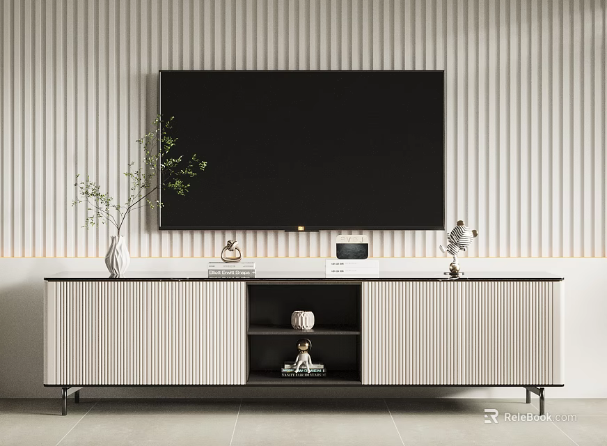 Modern TV Stand In Living Room With Striped Wall And Decorative Vase 3d model 