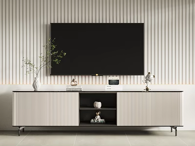 Modern TV Stand In Living Room With Striped Wall And Decorative Vase 3d model