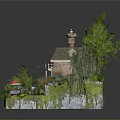 Miniature Scenic Landscape With Cottage Lush Trees Garden Stream Patio And Colorful Flowers