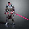 Detailed Red Skinned Warrior In Helmeted Armored Outfit Holding Red Lightsaber