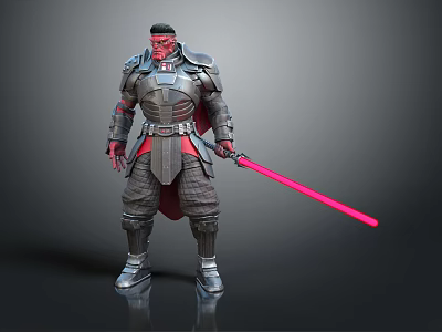 Detailed Red Skinned Warrior In Helmeted Armored Outfit Holding Red Lightsaber 3d model