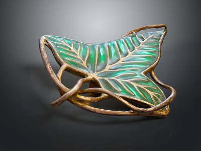 Leaf Shaped Green Enamel Brooch With Gold Metal Vine Design Jewelry 3d model