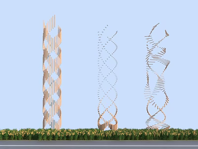 Modern Landscape Columns With Spiral Structure Metallic Look Against Blue Sky And Green Base Plants 3d model