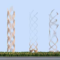 Modern Landscape Columns With Spiral Structure Metallic Look Against Blue Sky And Green Base Plants