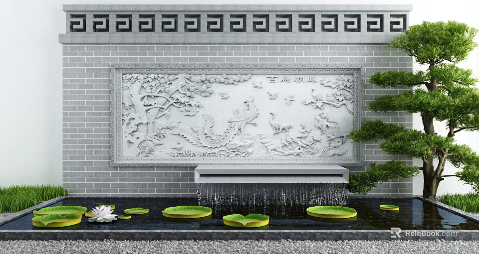 Courtyard Garden Design With Carved Relief Flowing Water Green Lotus Leaves And Decorative Plants 3d model 