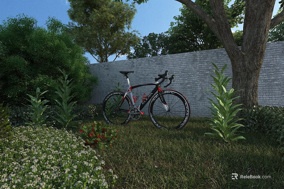 Garden Landscape With Bicycle On Grass And Green Plants By Brick Wall 3d model 