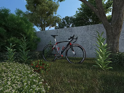 Garden Landscape With Bicycle On Grass And Green Plants By Brick Wall 3d model