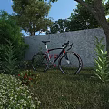 Garden Landscape With Bicycle On Grass And Green Plants By Brick Wall