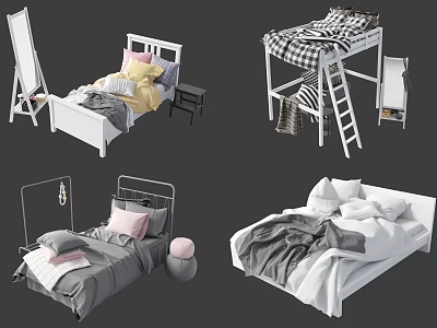 Single Bed Designs With White Metal Frames Pillows Blankets Ladder And Side Accessories 3d model