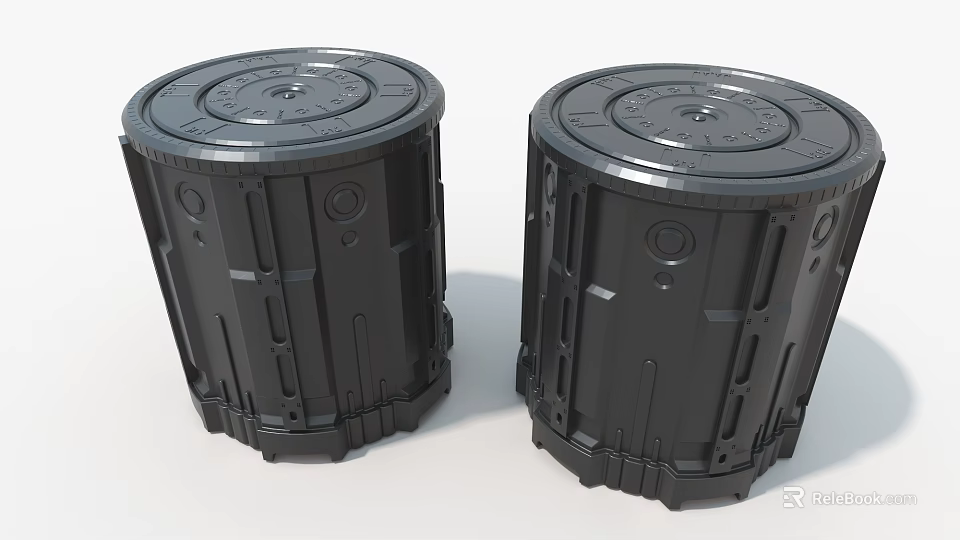 Two Black Cylindrical Industrial Equipment With Metal Structural Surface Details 3d model 