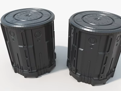 Two Black Cylindrical Industrial Equipment With Metal Structural Surface Details 3d model