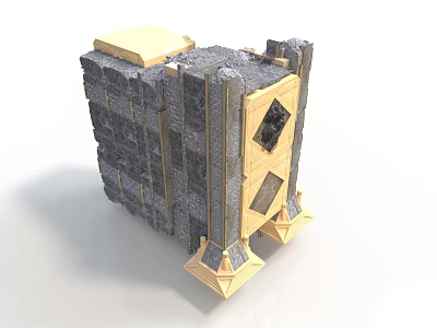 Architectural Structure With Gray Stone Walls Golden Frames Diamond Windows And Flat Roof 3d model