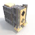 Architectural Structure With Gray Stone Walls Golden Frames Diamond Windows And Flat Roof
