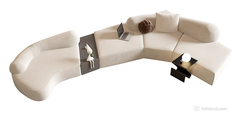 Modern Beige Sectional Sofa Interior With Plush Pillows Laptop And Side Table 3d model