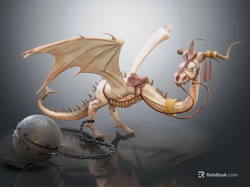 Intricate Dragon Sculpture With Wings Horns Reins Chain And Decorative Ball 3d model 