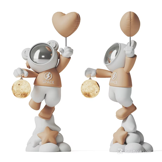Astronaut Sculpture With Brown Spacesuit Transparent Helmet And SPACE Logo Balloon Planet Decoration Star Base 3d model 