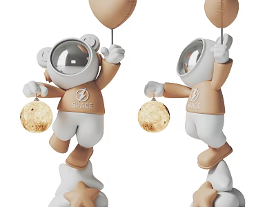 Astronaut Sculpture With Brown Spacesuit Transparent Helmet And SPACE Logo Balloon Planet Decoration Star Base 3d model
