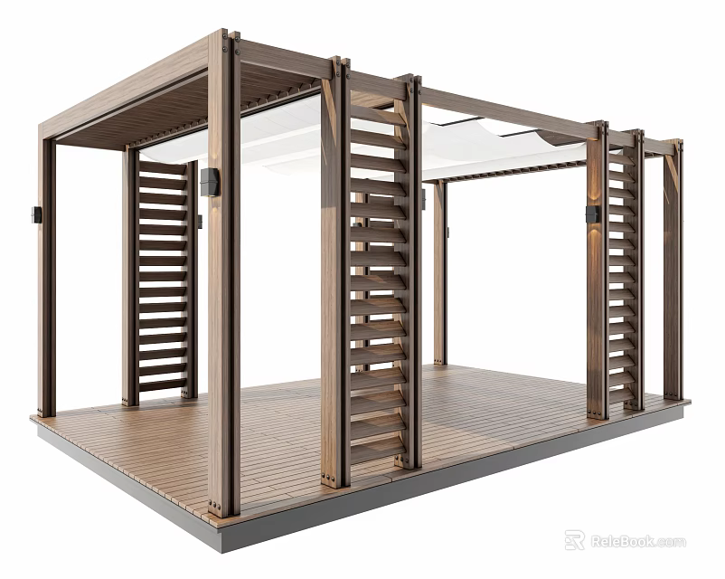 Modern Outdoor Wooden Pergola With Vertical Slats Transparent Roof And Wooden Floor 3d model 