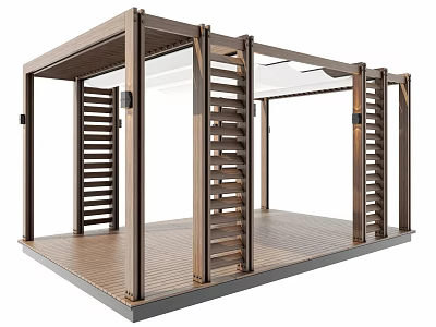 Modern Outdoor Wooden Pergola With Vertical Slats Transparent Roof And Wooden Floor 3d model