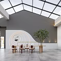 Modern Office Corridor With Wooden Ceiling Glass Skylights Gray Flooring And White Walls