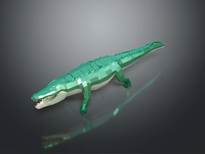 Green Crocodile Reptile Model with Low Poly Design Shiny Surface and Dark Background Reflection 3d model