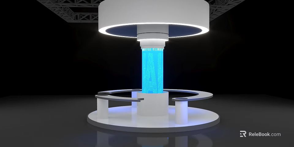 Modern Circular Display Shelf With Blue Illuminated Column And Overhead Lighting 3d model 