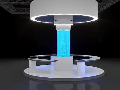 Modern Circular Display Shelf With Blue Illuminated Column And Overhead Lighting 3d model