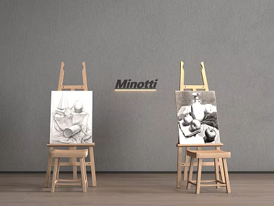 Musical Instruments And Art Supplies Setup With Easels Paintings Stools Minotti Gray Wall Wooden Floor 3d model