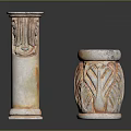 Two Decorative Stone Columns With Carved Leaf Motifs And Orange White Weathered Texture