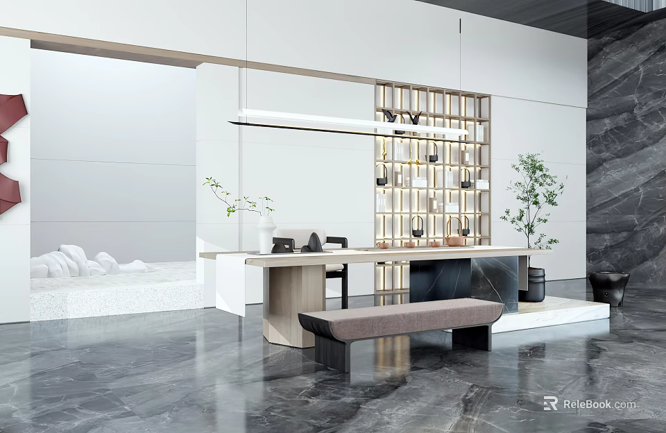 Modern Tea Room Interior With Table Bench Shelves And Plants 3d model