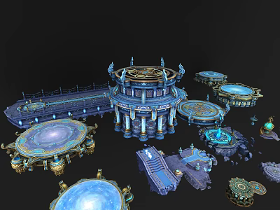 Cartoon Style Fantasy Architecture Scene With Round Platforms Tower Staircases And Glowing Elements 3d model