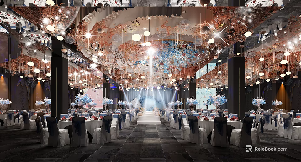 Elegant Banquet Hall Interior With Hanging Chandeliers Floral Decorations And Arranged Tables 3d model 