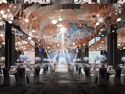 Elegant Banquet Hall Interior With Hanging Chandeliers Floral Decorations And Arranged Tables 3d model