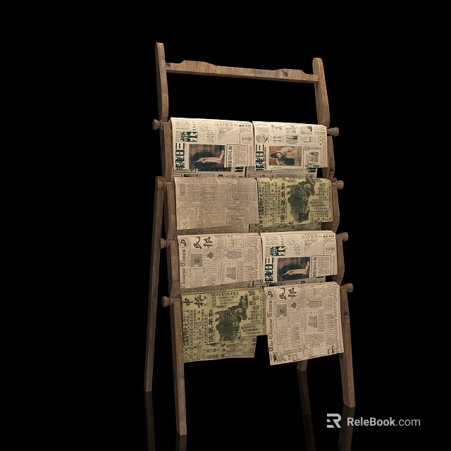 Old Wooden Ladder Displaying Vintage Newspapers With Various Articles 3d model