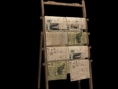 Old Wooden Ladder Displaying Vintage Newspapers With Various Articles 3d model