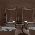 Relaxing SPA Sauna Interior With Massage Beds Soft Lighting And Canopies