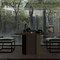 Natural Wooden Tea Table and Chairs with Beige Cushions Black Frames Glass Windows Trees