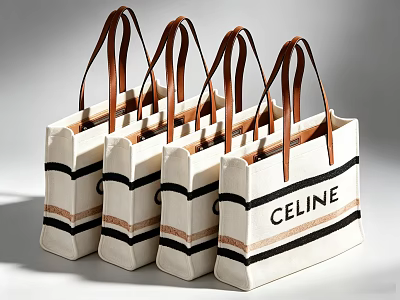 CELINE White Canvas Tote Bags With Brown Leather Handles And Black Brown Stripes 3d model