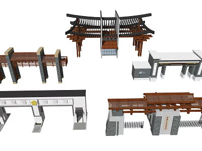Traditional And Modern Entrance Gate Designs Featuring Wooden Stone Elements And Decorative Roof Structures 3d model