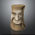 Smiling Animal Head Wooden Sculpture With Detailed Eyes And Textured Surface