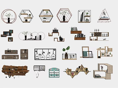 Modern Wall Cabinets and Hanging Storage Designs With Decorative Plants Books and Various Shapes 3d model