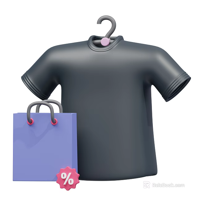 Black T-shirt Hanging On Hanger With Purple Shopping Bag And Pink Decoration 3d model 