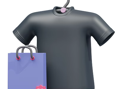 Black T-shirt Hanging On Hanger With Purple Shopping Bag And Pink Decoration 3d model